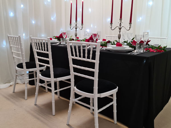 White Chivari with 11 x seat pad options available White Chivari with 11 x seat pad options available
