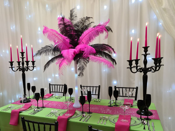 Black Candle Holder (5 arm) with Fuchsia & Black Lit Feather Plume Black Candle Holder (5 arm) with Fuchsia & Black Lit Feather Plume